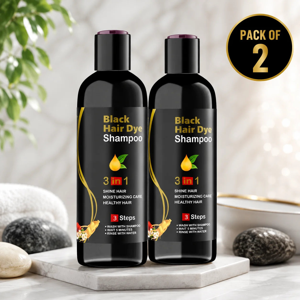 (Pack of 2) 3-in-1 Black Hair Dye Shampoo – Hair Colour Shampoo for Men & Women