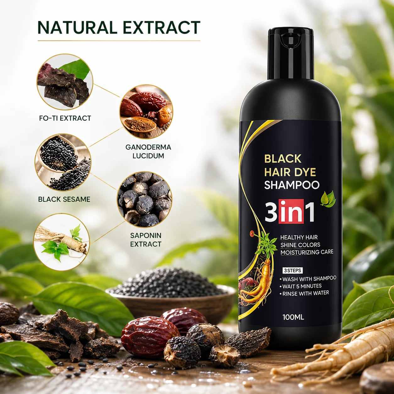 (Pack of 2) 3-in-1 Black Hair Dye Shampoo – Hair Colour Shampoo for Men & Women