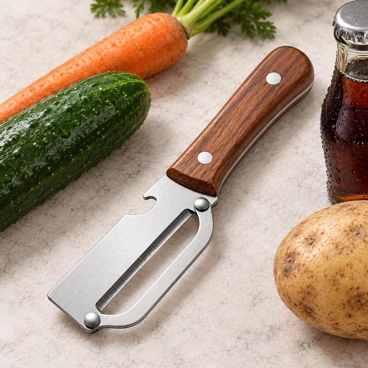 Peeler with produce product detail
