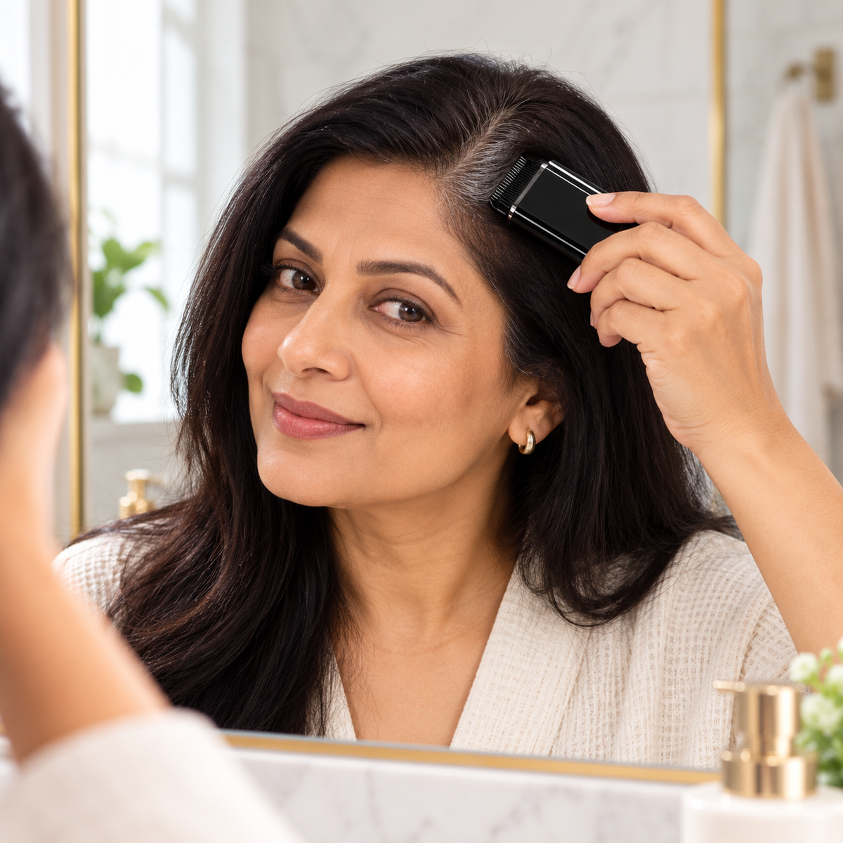 Woman using hair root touch-up comb at temples