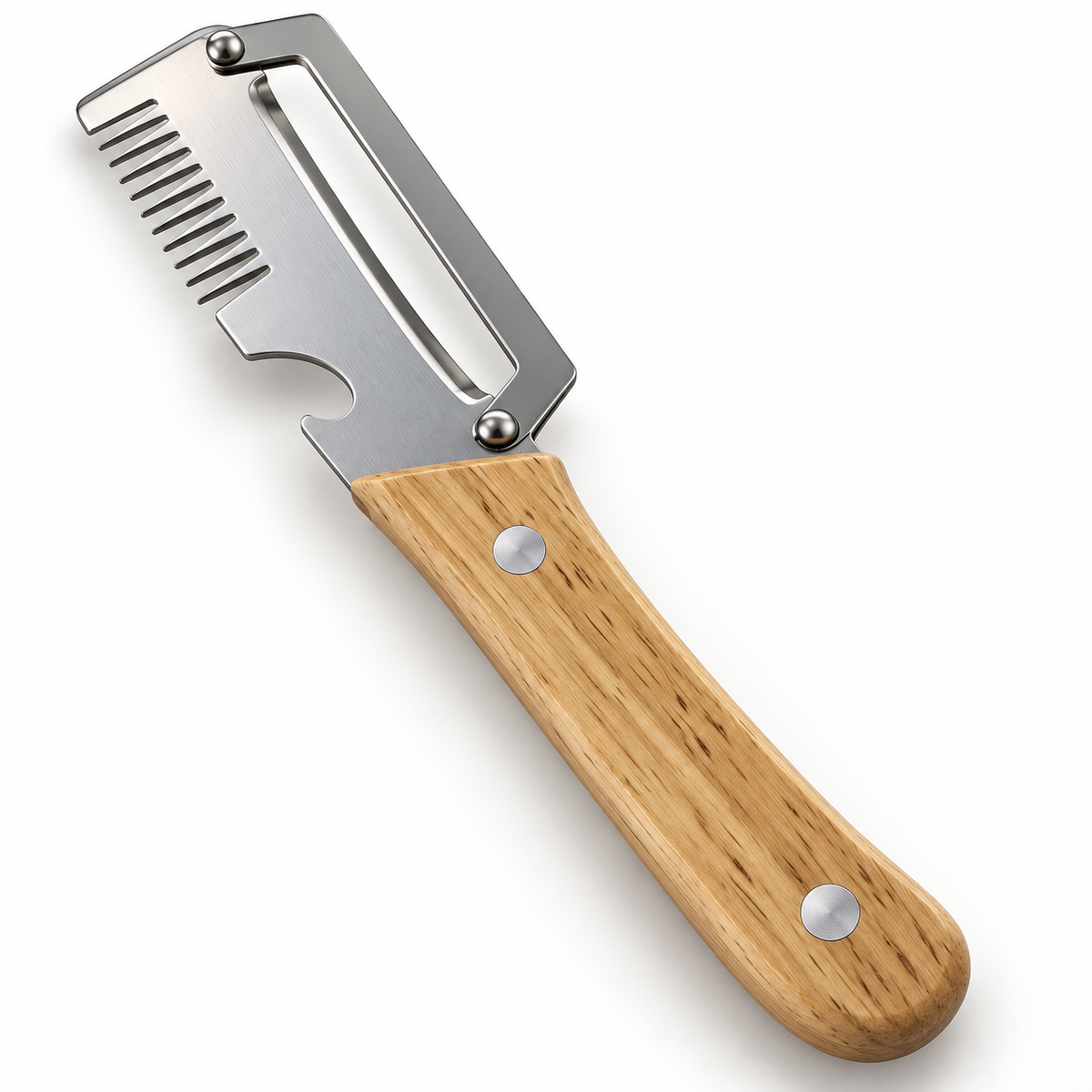 Wooden handle vegetable peeler with julienne teeth and bottle opener notch