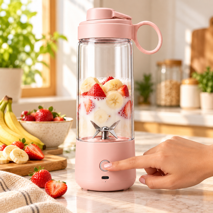 Blender bottle with fruit and milk on a kitchen counter