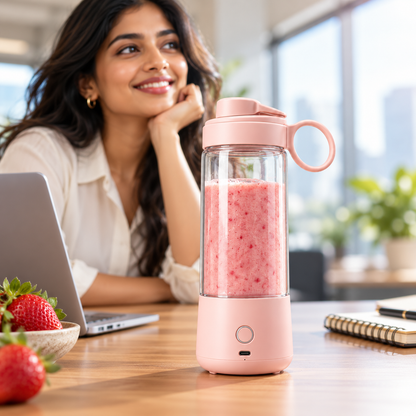 Portable smoothie blender on an office desk